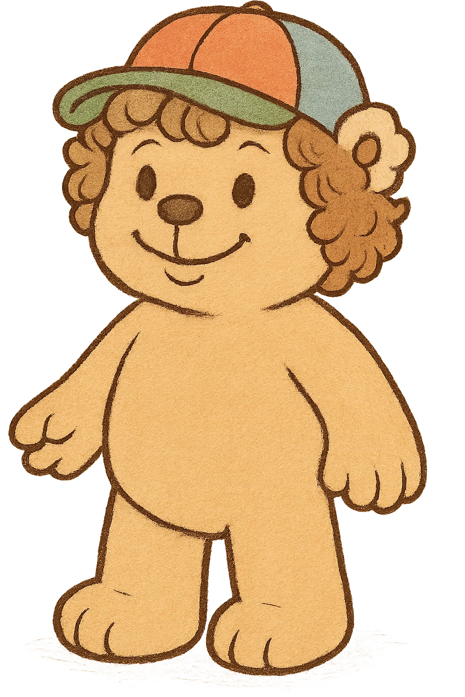 Create a hand drawn cartoon style illustration inspired by Bobbie Goods and Cuzy coloring books. Use soft lines, clean strokes, and a cute, cozy appearance. The character should have a teddy bear body, colorful cap, curly hair, and a friendly smile. The background should be white and ready for coloring. emoji