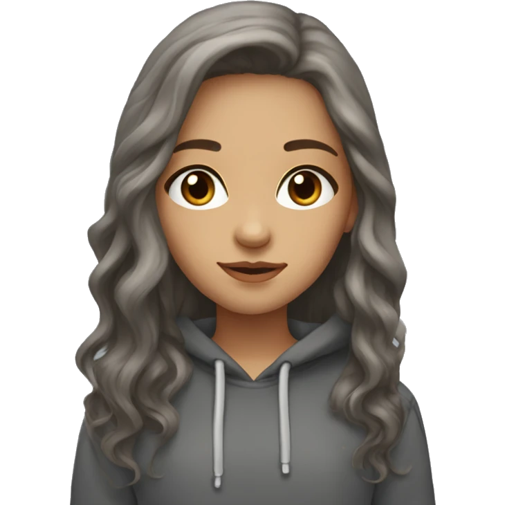 grey eyes, brown wavy long hair, light skin, feminine, dark shirt, grey hoodie, girl emoji