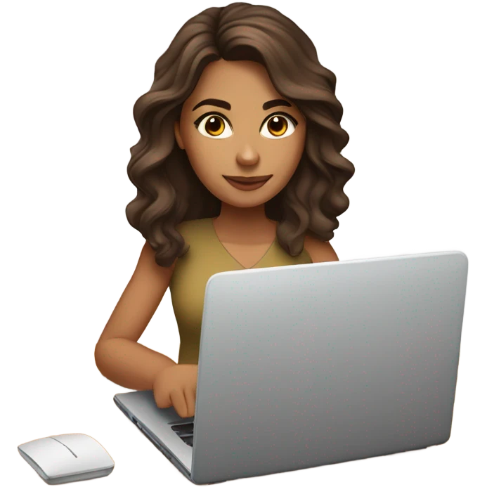 Beautiful girl,bark brown hair,wavy hair，long hair,Black eyes,Latina, typing on laptop  emoji