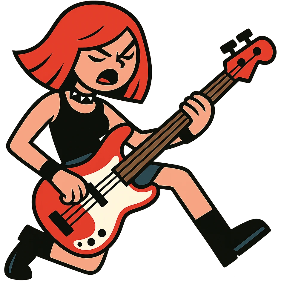 rock girl with red hair and red bass guitar, long bob hairstyle, edgy and dynamic pose emoji