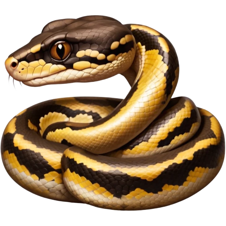A photo-realistic digital illustration of a Ball Python, large headshot portrait. The snake has a short, rounded snout and smooth, soft contours, with a gentle, inquisitive expression that gives it a slightly playful charm. Its head is warm brown with bold, irregular dark markings. emoji