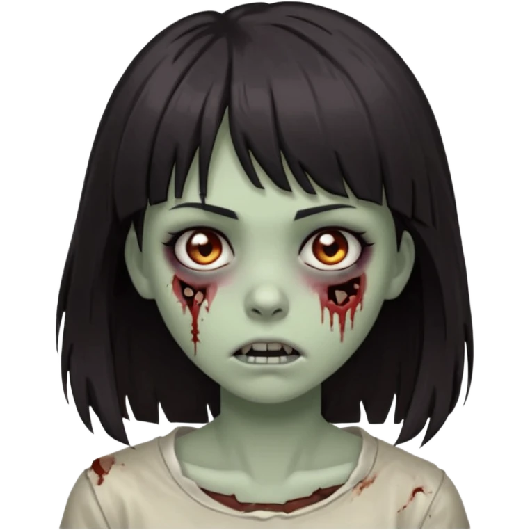  iPhone emoji is a zombie girl with dark hair long below her shoulders bangs and a ragged haircut gray eyes emoji