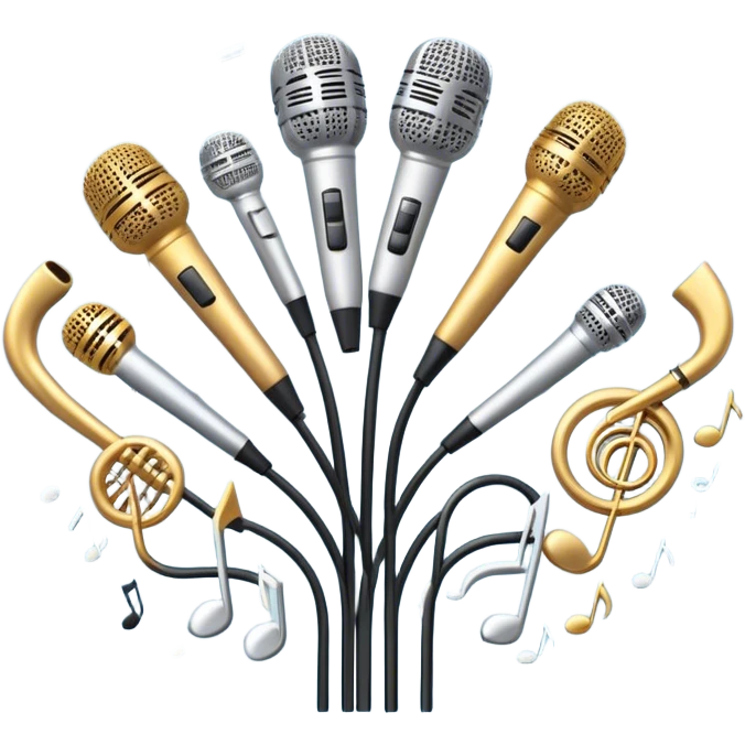 Create a harmonious and elegant emoji that represents choral singing. The design should feature multiple microphones arranged in a semi-circle, symbolizing a choir. Add musical notes flowing around to represent the harmony and unity of the voices. Include subtle elements like sheet music or a conductor's baton to reflect the organized aspect of choral performance. Use colors like gold, silver, and soft blue to evoke a sense of togetherness, professionalism, and grace. The background should be transparent. emoji