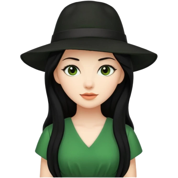 green dress black long hair black hat emoji