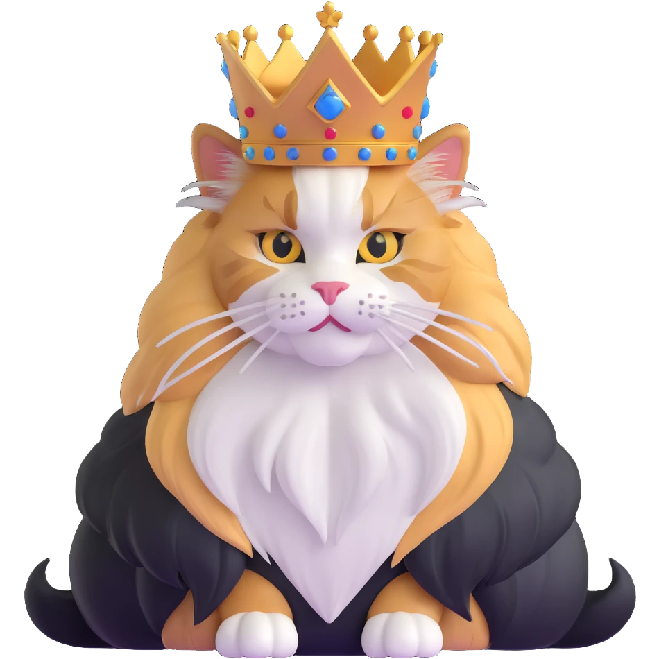 majestic calico maine coon cat with fluffy mane wearing a royal crown emoji