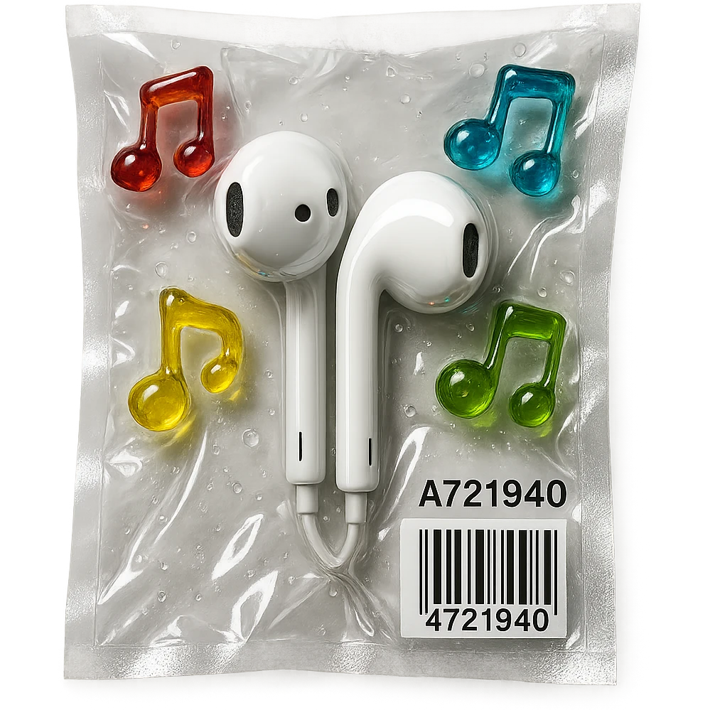 white EarPods headphones surrounded by small colorful glass music notes, glossy and puffy emoji