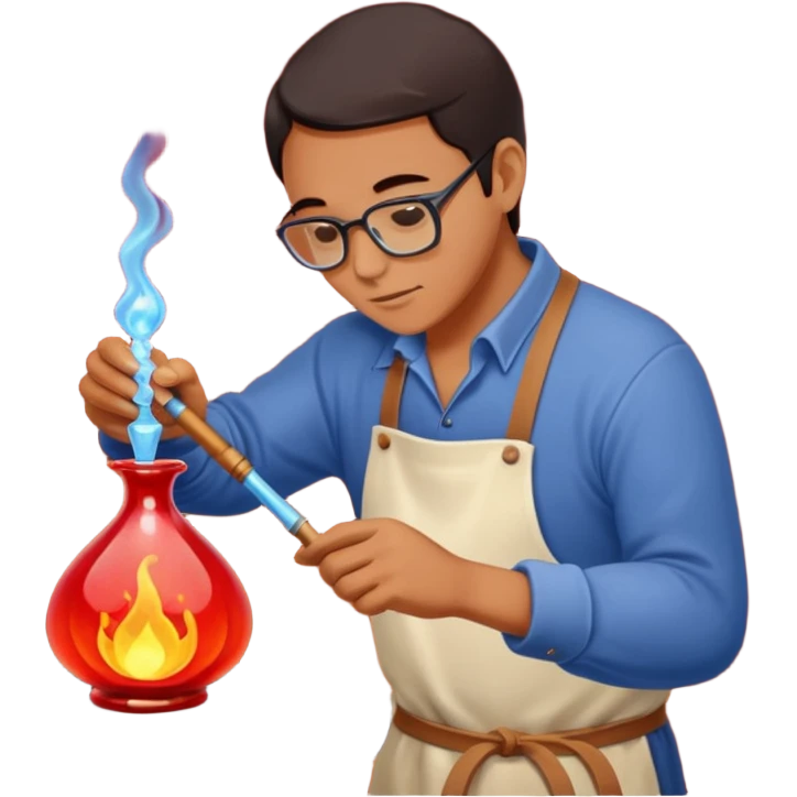 Glassblowing and casting icon, artisan shaping molten glass with a blowpipe, glass being poured into a mold, glowing red-hot glass, delicate patterns, minimalistic style, clean lines, transparent background. emoji