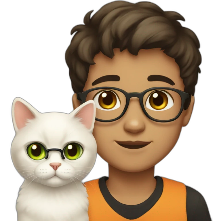 Boy with green eyes, glasses, with black short hair, with orange Persian cat emoji