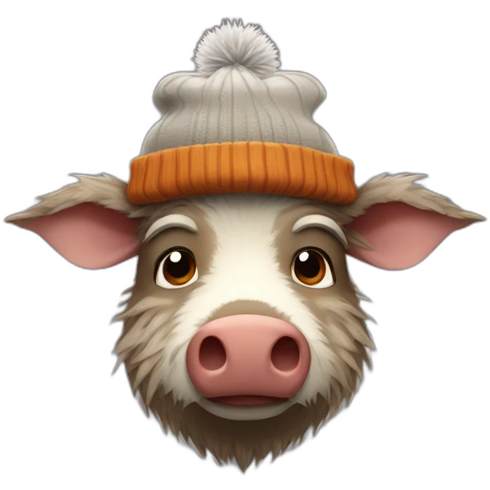 Depressive boar with stubble in a winter hat emoji