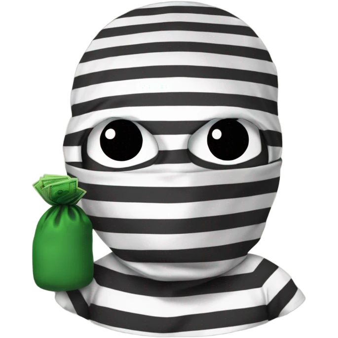 robber emoji with bag of money over shoulder, a ski mask and a stripped shirt emoji