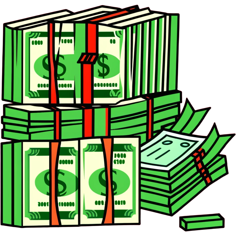 green upward arrow next to progressively taller stacks of dollar bill packs wrapped with bands emoji