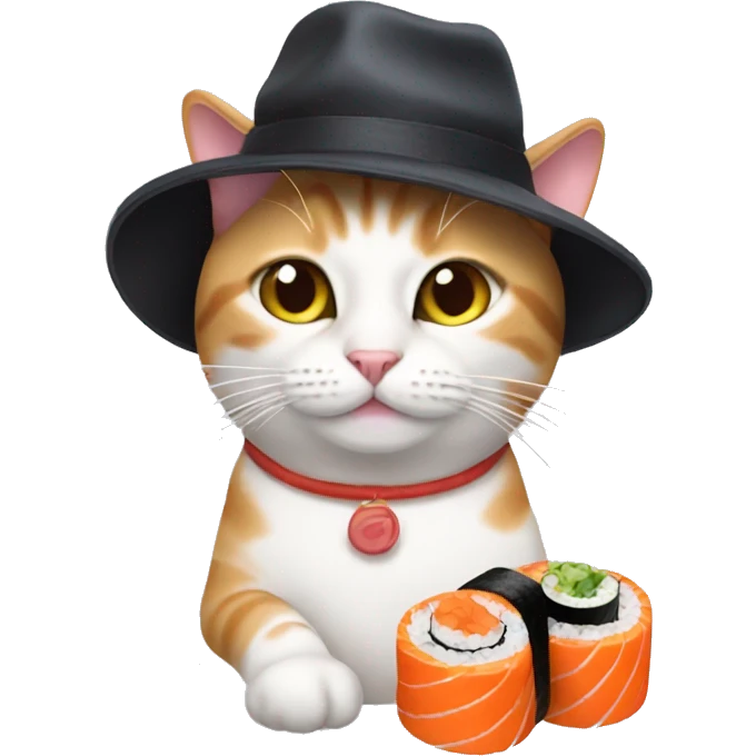 cat wearing a hat made of sushi emoji