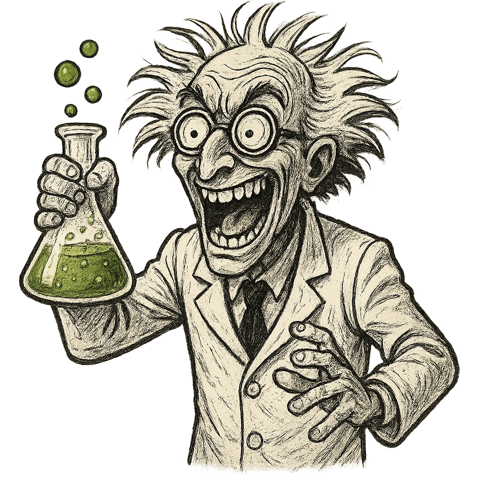 mad scientist going crazy, holding bubbling flask, wild eyes emoji