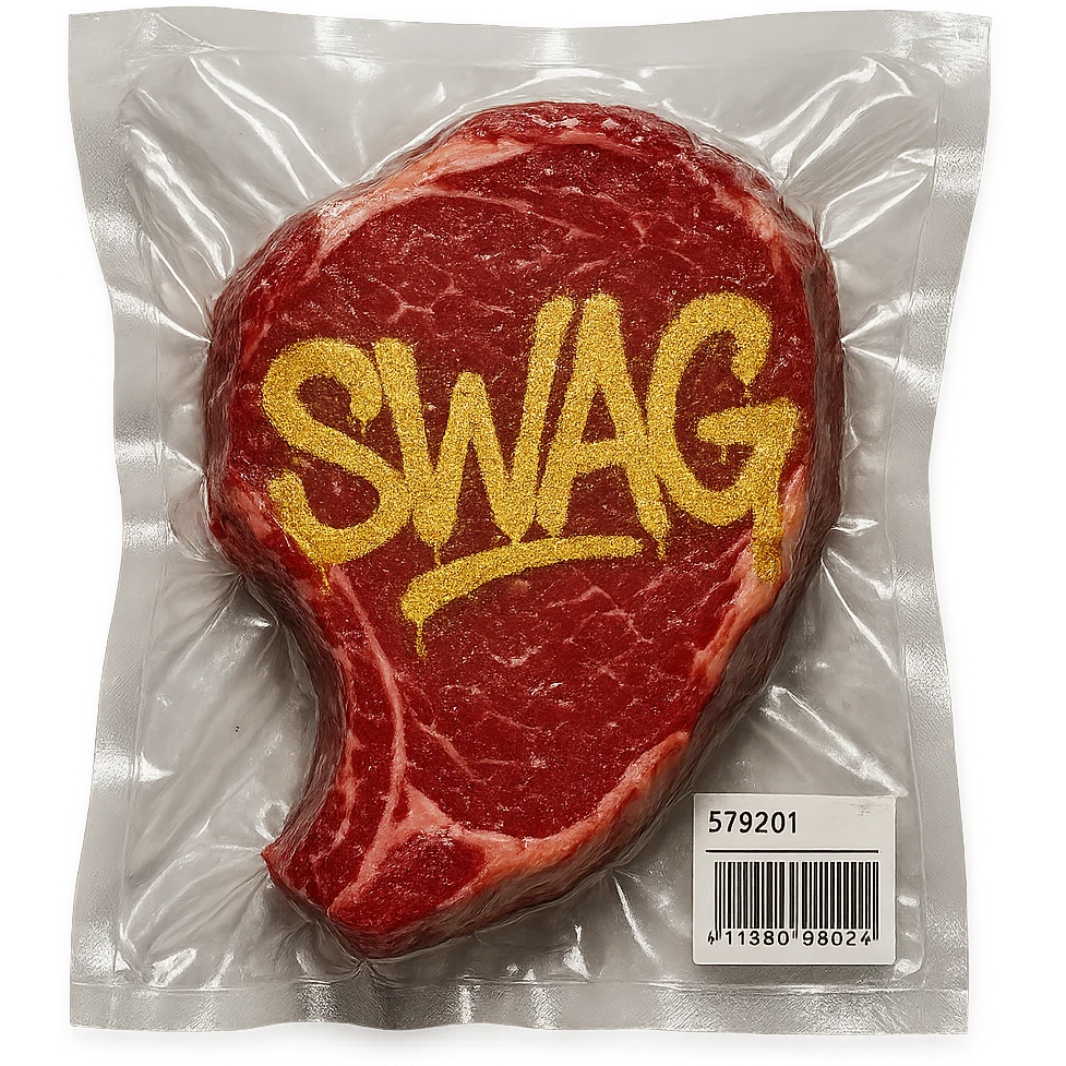 steak with gold graffiti-style 'SWAG' text, glossy, vacuum-sealed style emoji