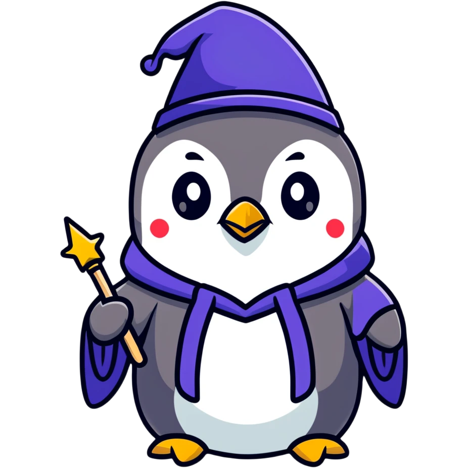 penguin wearing a wizard hat and robe, holding a magic wand emoji