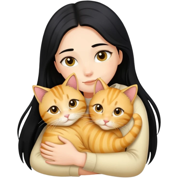 A girl with long black hair hugs a golden tabby cat emoji