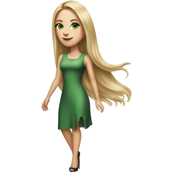 Realistic White girl with Long straight blonde hair, green eyes, tattoos, full body wearing dress and High heels , walking emoji