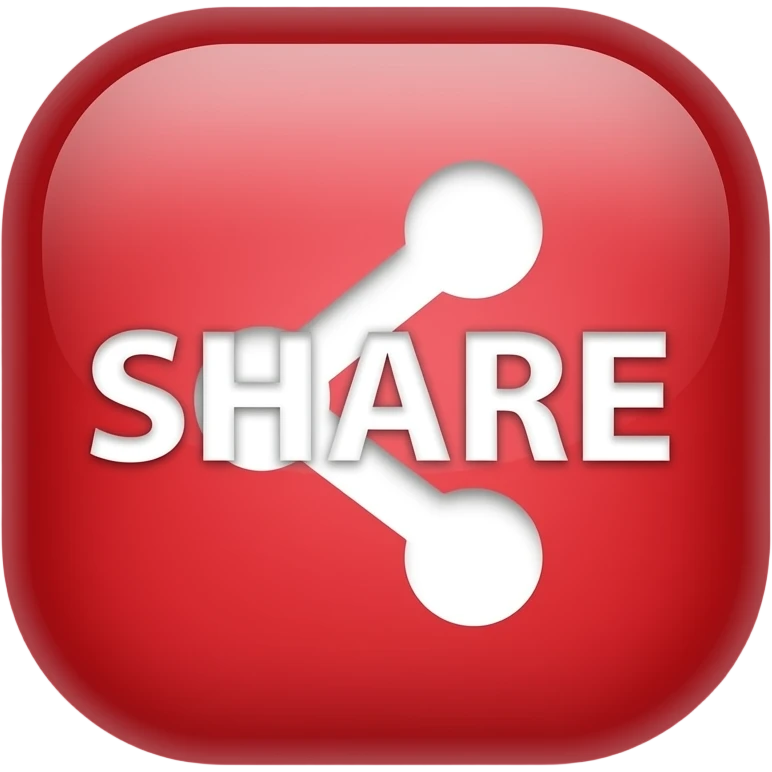 Red 3D share button, white text “SHARE”, arrow icon, glossy, rounded, soft glow, clean background emoji