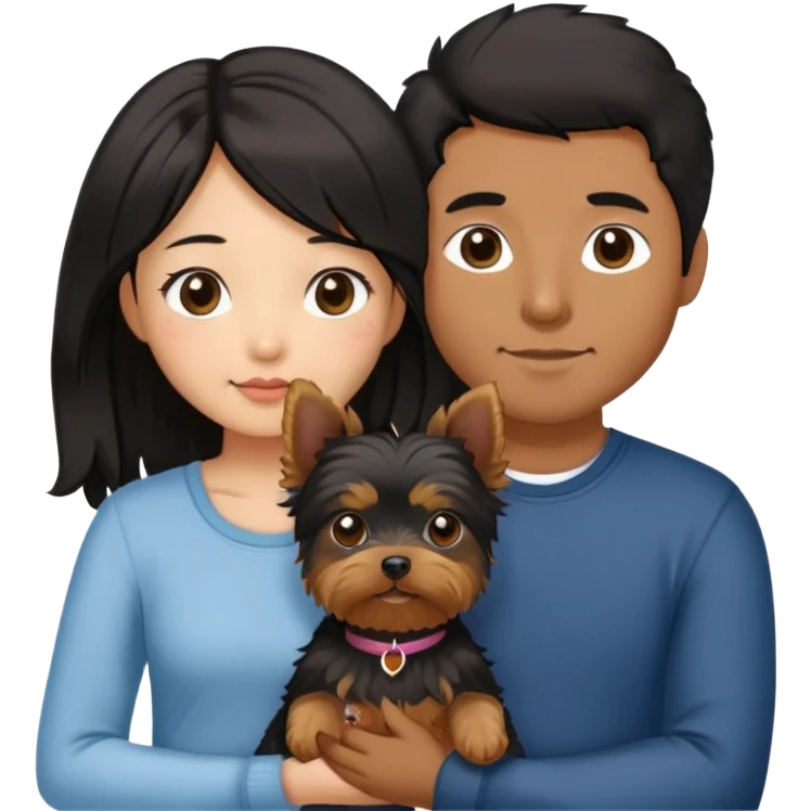 A couple holding holding a small Yorkshire Terrier together. The girl is an Asian girl with long, luscious wavy black hair (loose, no hair tie). She is standing beside a brown-skinned man with a short middle part haircut.  emoji