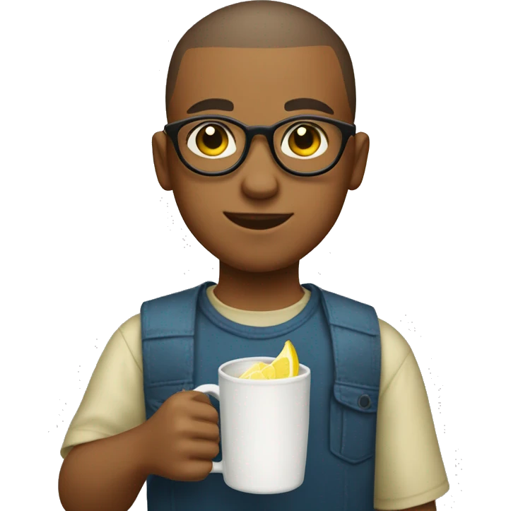 a boy with a buzzcut and round glasses holding a mug full of lemonade emoji