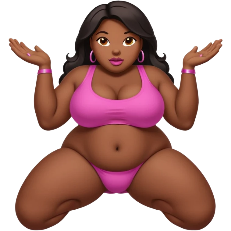A thick, juicy ebony BBW spreads her meaty thighs wide. Glossy chocolate fingers pull apart swollen pussy lips, revealing dripping bright-pink insides and throbbing fat clit. Creamy juices coat her fingers, running down to her tight assholes. emoji