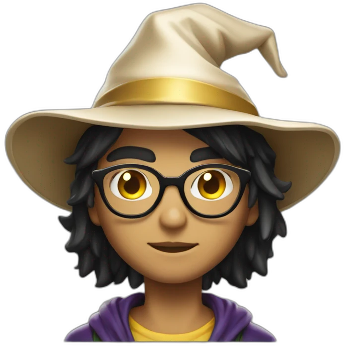 young overpowered magic shiny wizard skin tone 3 with black hair and glasses with hat frontview emoji