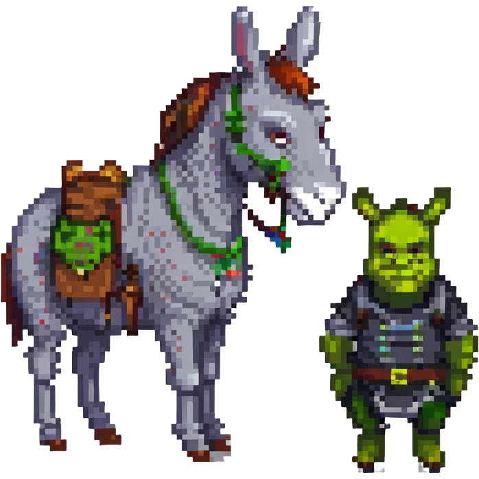 pixel art donkey standing next to Shrek, happy face emoji