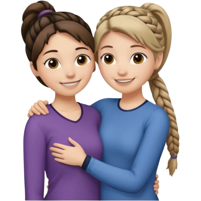 Comforting Hug two white skin women, one shorter woman with medium brown simple top ponytail, not braided, and one taller woman with a single long black side braid emoji