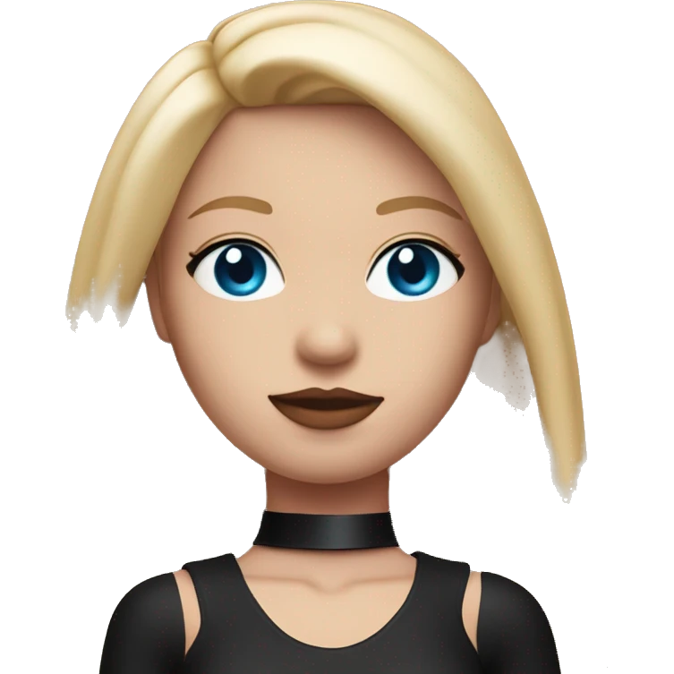 Woman with blue eyes, pink lips and long blonde straight hair. black swimsuit. black collar with metal ring around neck emoji
