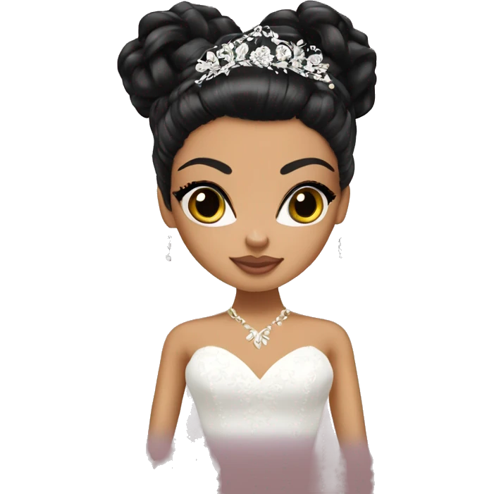 Bratz, bride, black updo hair, olive skin, hazel almond cat eyes emoji