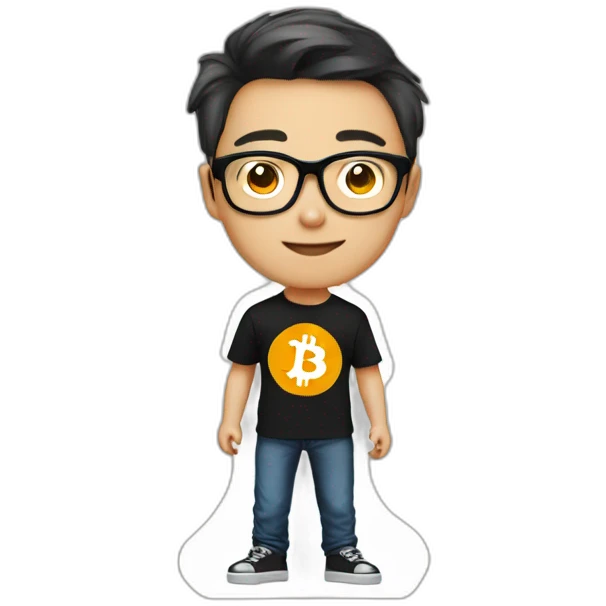 Chinese man with glasses with black t-shirt, add Bitcoin logo on His T-shirt, Make the emoji half body emoji