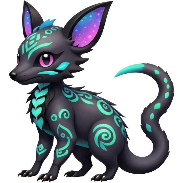 Rare neon iridescent white exotic cute epic aesthetic gothic colorful Salandit-Eevee-Civet-species-Fakemon-hybrid-creature, with intricate tattoo markings, full body emoji