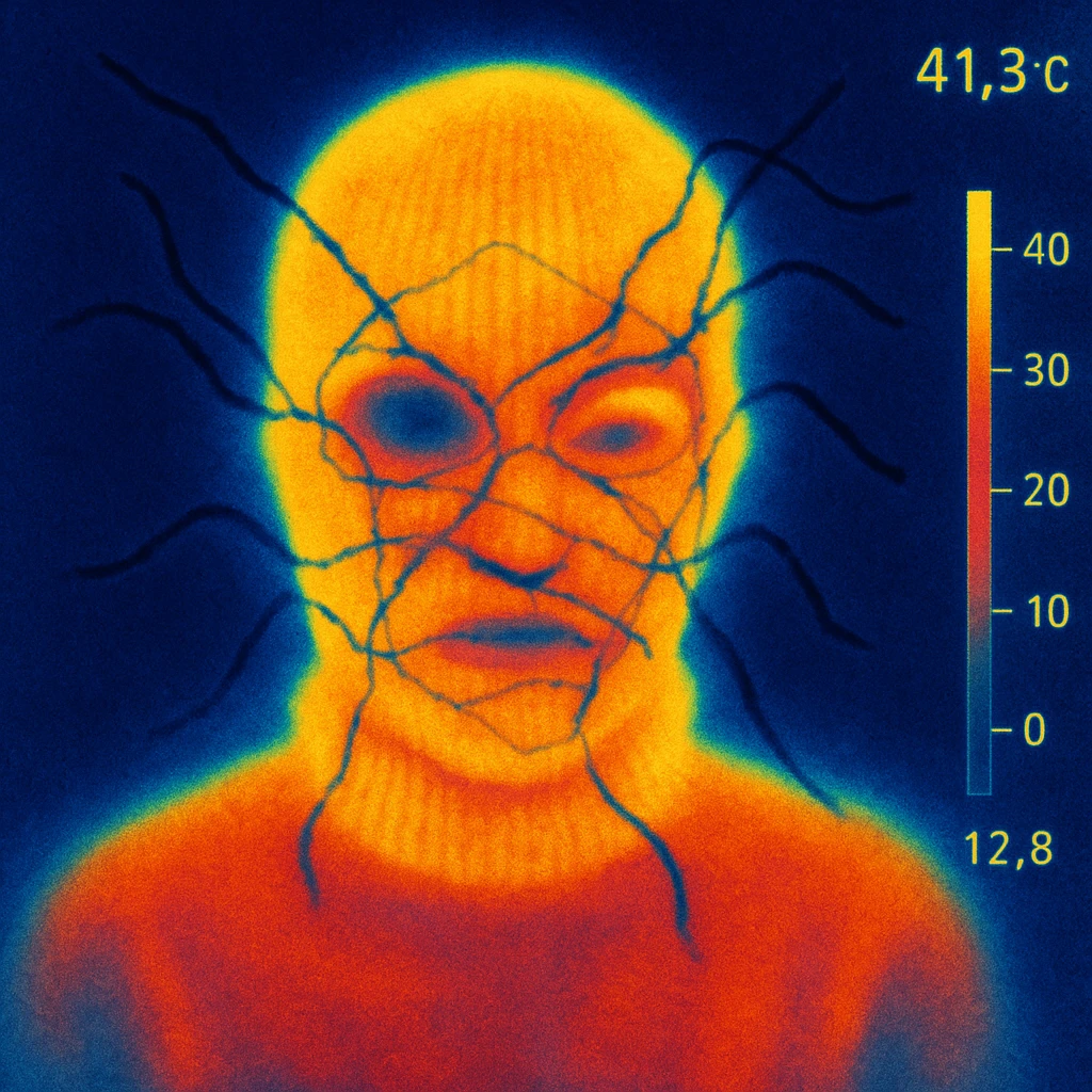 The mask is a full-head, white knitted balaclava with a tight ribbed texture. It features two asymmetrical eye openings and a partially exposed mouth area. Black thread is stitched across the surface in chaotic, abstract lines that trace facial features, giving a hand-drawn effect. Several black cords extend outward from the mask, varying in length and direction, adding a sculptural, almost organic appearance. The overall look is bold, handcrafted, and visually striking. emoji