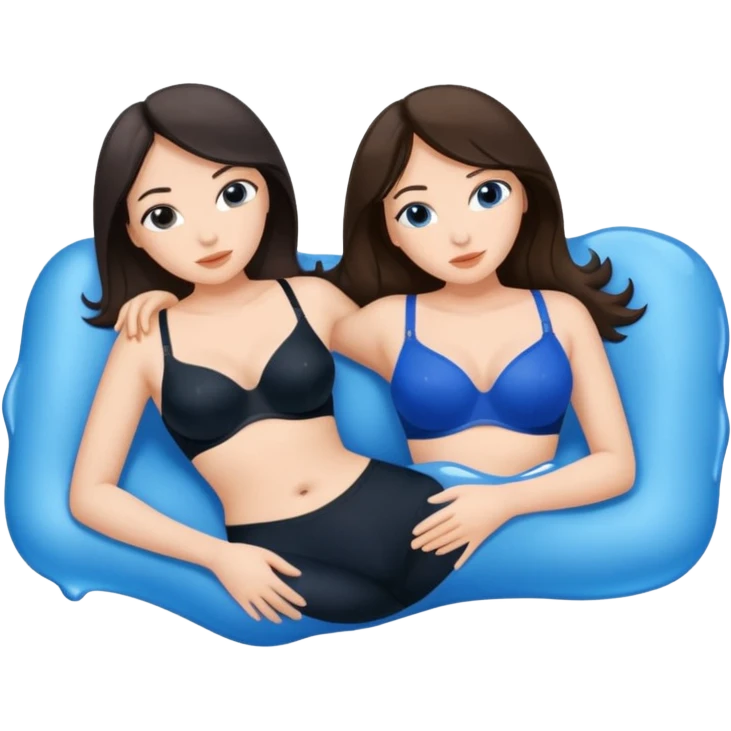 TWO only TWO white brunette women lying down full body melting into each other. one is wearing a blue bra and one is wearing a black bra. but they r melting into each other emoji