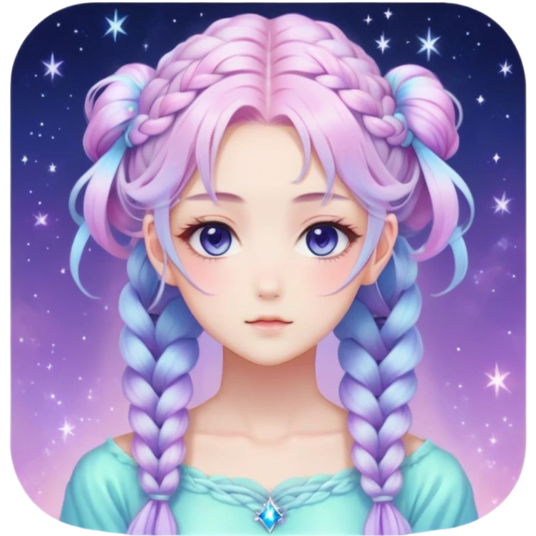 Beautiful gorgeous anime lady with beautiful iridescent-nebula-braided-hair, fashion aesthetic, ethereal, fairycore, pastelcore emoji