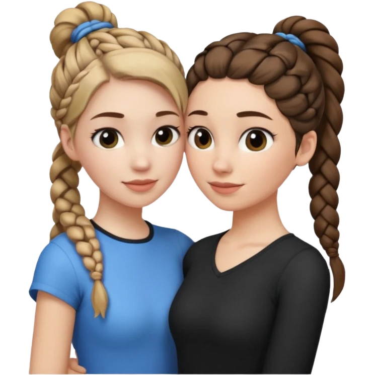 Hug two white skin women one taller with braided black side ponytail and one shorter with light brown hair in top ponytail  emoji