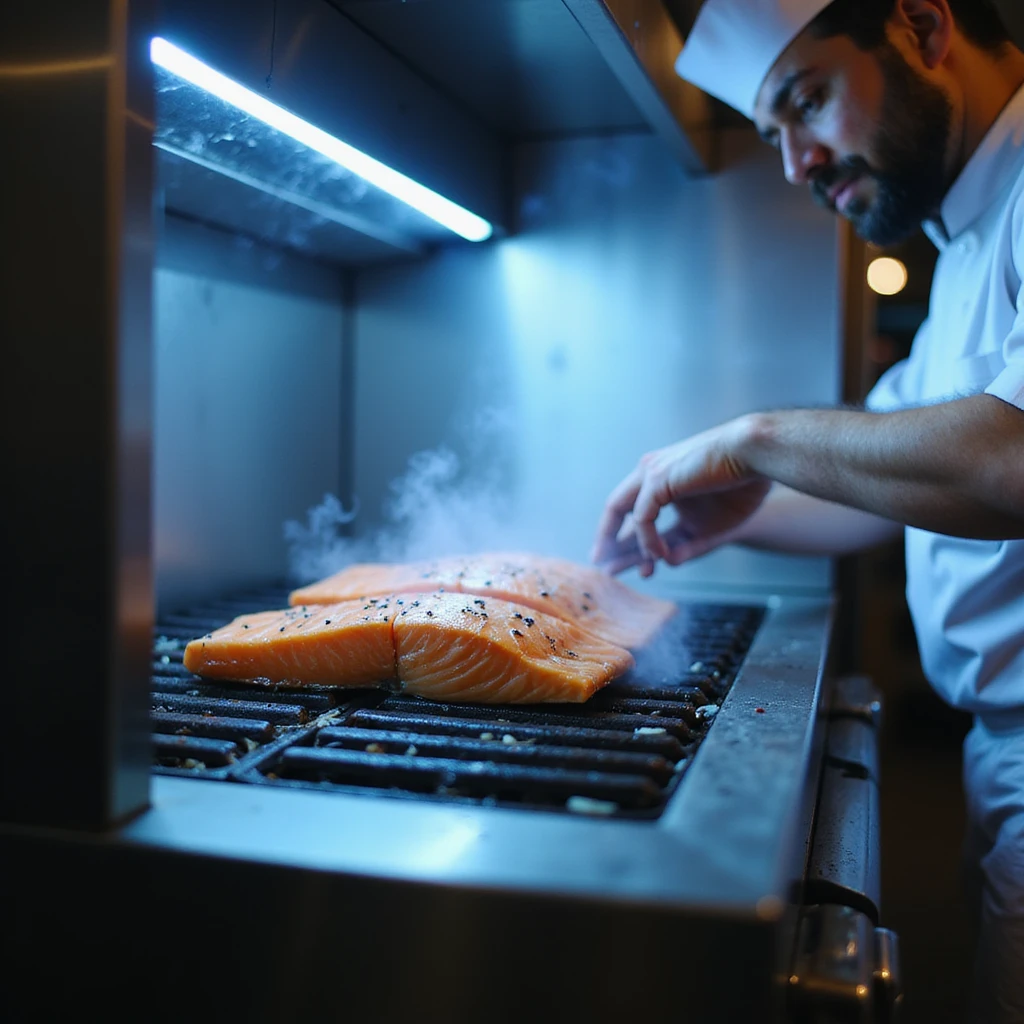 photographic 4K style image of chef in kitchen placing salmon fillets on a grill inside a blast chiller, with cold vapor and blue lights emoji