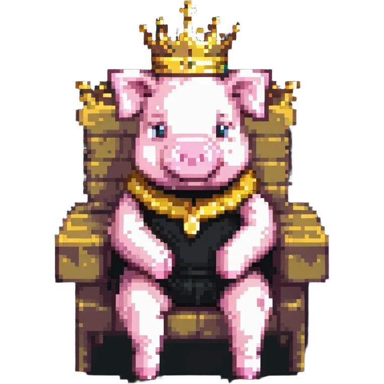 cartoon-like playful pixel art pig with a golden crown sitting on a throne, blocky and square like Minecraft, very few pixels, simple and charming emoji