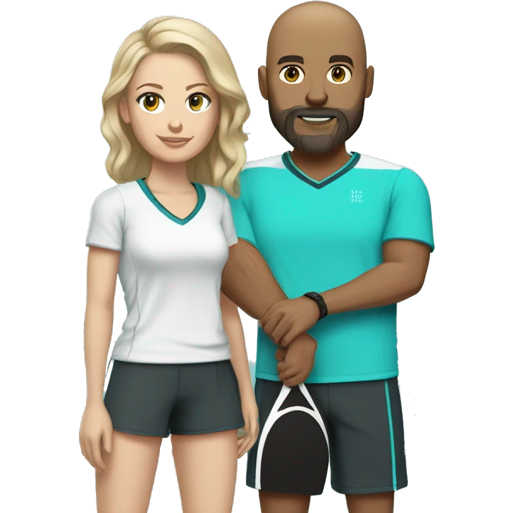 White couple, 35 yro, in pickleball clothes. Male bald= aqua eyes, beard, white, bald, and aqua eyes. Female = long light brown hair, aqua eyes.  emoji