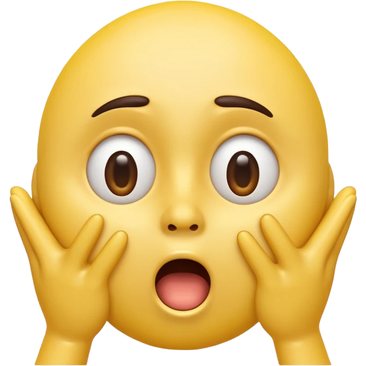 A 3D glossy yellow emoji of a shocked horrified face with no nose, with mouth and eyes are wide open, eyebrows  raised, and hands against their cheeks, black background, high quality, soft studio lighting emoji