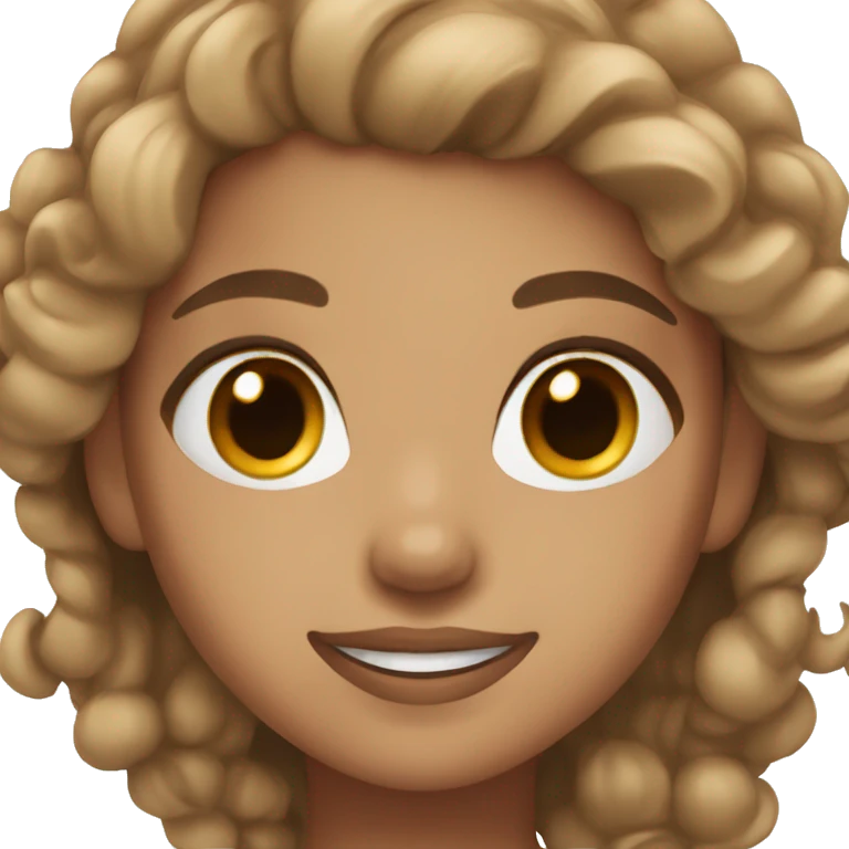 Girl with light brown hair, brown eyes, wearing makeup, smiling emoji