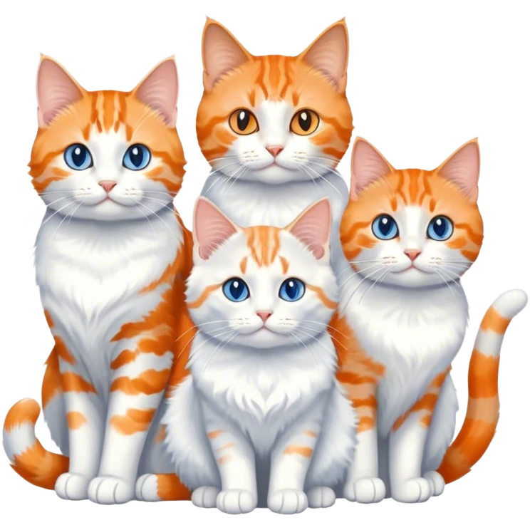 3 cats 1 orange white chest white mitts main coon. 1 american shorthair tucedo. 1 american shorthai lue eyes creame coat orange swirls emoji
