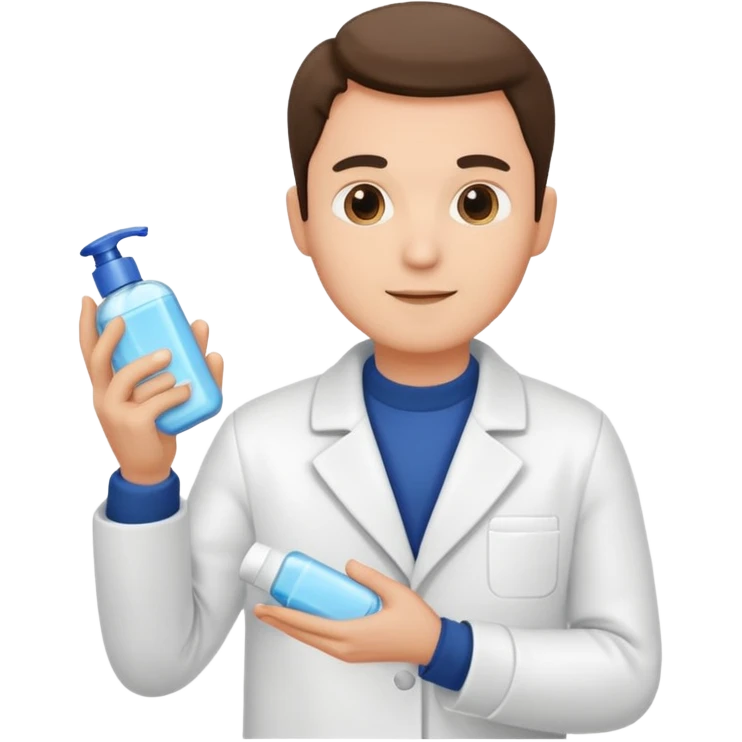 man with white coat holding skincare products emoji