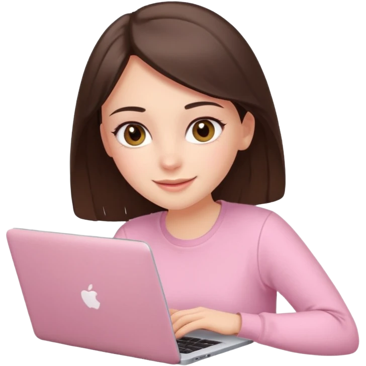 happy white brunette girl with hazel eyes in light pink using laptop emoji