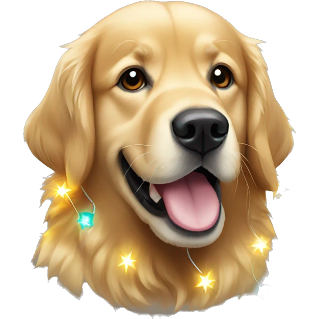 Golden retriever wrapped in Christmas lights emoji