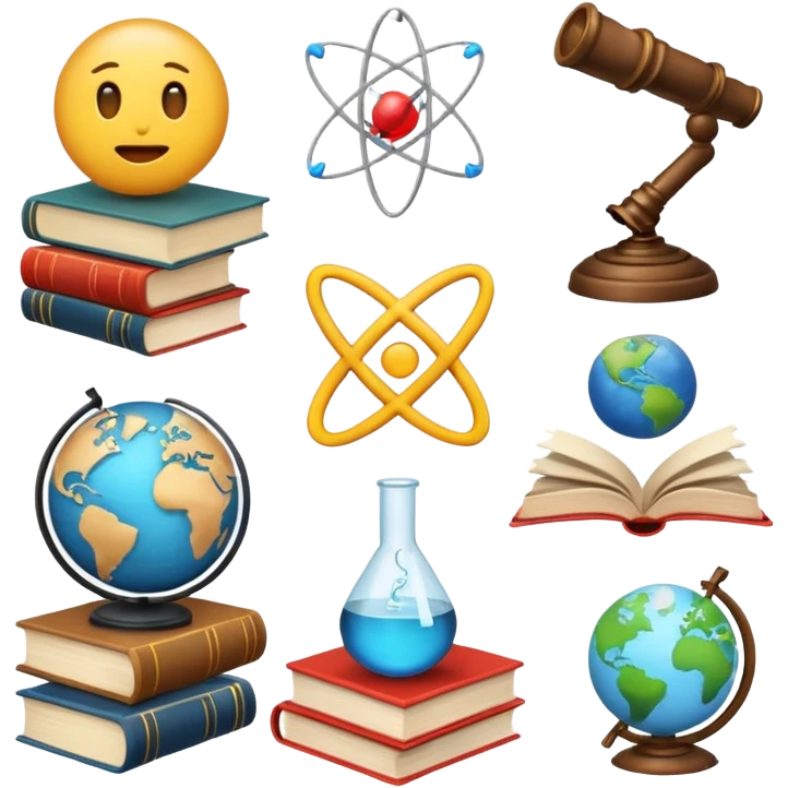 emoji representing 'y no solo teología' with various books and symbols of science and art emoji