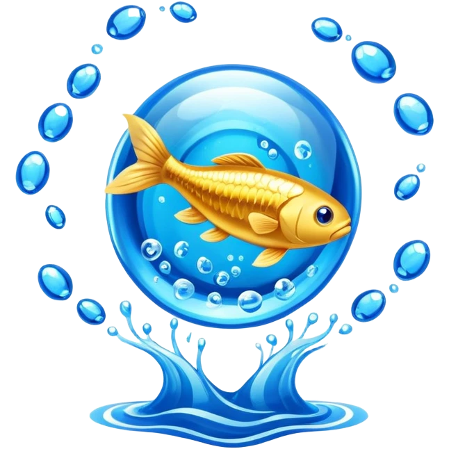 Golden omega-3 fish oil capsule with small fish swimming around it, blue liquid waves, brain and heart benefits visualization emoji