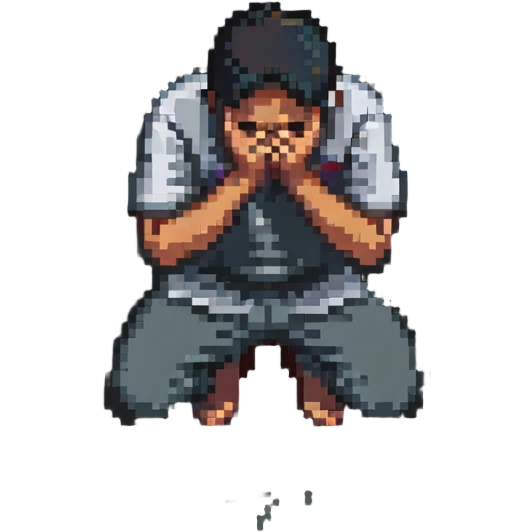sad Asian man kneeling over, crying emoji