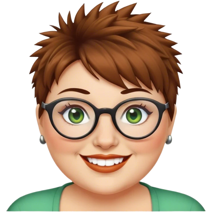  plus size white women round nose with short  brown shaggy spiked hair wearing glasses green eyes smiling emoji