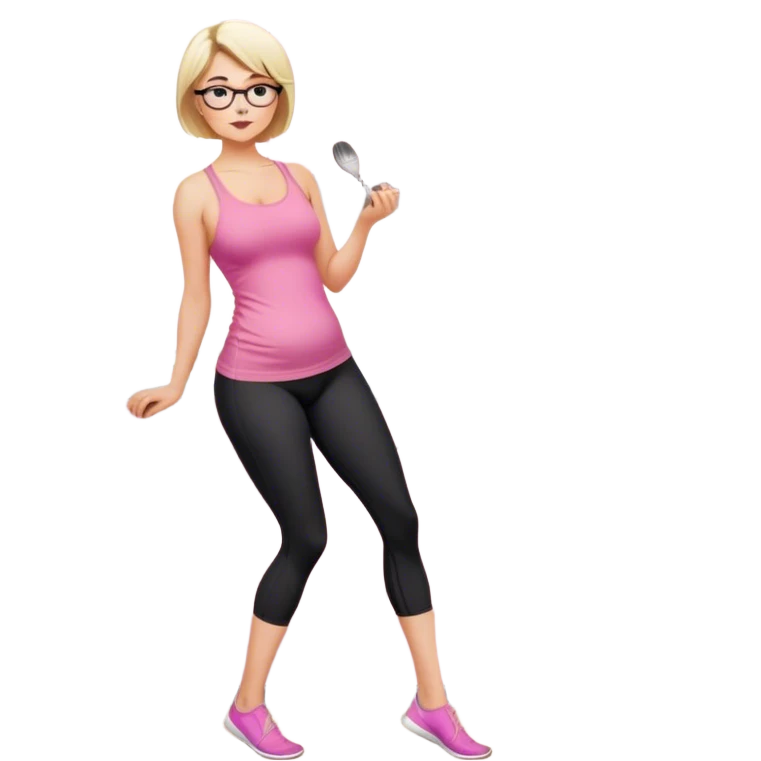 Render from knees up, view from the side, fair skinned woman, curvy, short blond hair, small reading glasses, cooking dinner in kitchen, pink loose tank top, showing natural B cup breast shape SFW, black yoga pants, large curvy booty emoji